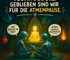 Zwei blaue Außerirdische sitzen Hand in Hand vor einer leuchtenden Meditationsfigur. Einer fragt: „Was machen die hier?“, der andere antwortet: „Atmen. Lächeln. Wiederholen.“ Darüber steht: „Wir kamen für Technologie. Geblieben sind wir für die Atempause.“ Das Meme endet mit: „Erstaunlich. Sehr empfehlenswert.“