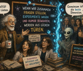 Mehrere Wissenschaftler und ein Außerirdischer versammeln sich in einem unterirdischen Labor um einen blau leuchtenden Riss im Raum. Ein älterer Forscher erklärt: „Realität hat Lücken“, während ein anderer meint: „Gemeinsam ist die beste Dimension.“ Auf der Tafel steht: „Wenn wir zusammen Fragen stellen, Experimente wagen und Humor bewahren, werden aus Lücken Türen.“ Weitere Schilder feiern neugierige Köpfe und das gemeinsame Entdecken des Unsichtbaren.
