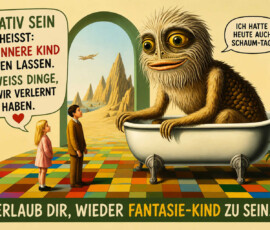 Ein riesiges zotteliges Fantasiewesen sitzt vergnügt in einer weißen Badewanne und verkündet: „Ich hatte heute auch Schaum-Tag!“ Zwei Menschen betrachten es in einem Raum mit buntem Kachelboden und einem Tor zu einer fremden Landschaft. Links steht: „Kreativ sein heißt: Das innere Kind baden lassen. Es weiß Dinge, die wir verlernt haben.“ Darunter folgt: „Erlaub dir, wieder Fantasie-Kind zu sein.“