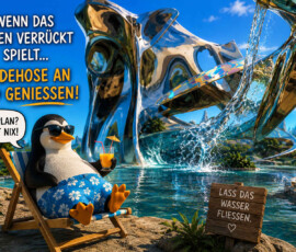 Ein Pinguin mit Sonnenbrille und blauer Badehose entspannt mit einem Getränk im Liegestuhl. Hinter ihm erhebt sich eine bizarre spiegelnde Architektur, durch die Wasser in ein großes Becken strömt. Der Bildtext rät: „Wenn das Leben verrückt spielt … Badehose an und genießen!“ Der Pinguin sagt: „Kein Plan? Macht nix!“, während ein Schild ergänzt: „Lass das Wasser fließen.“