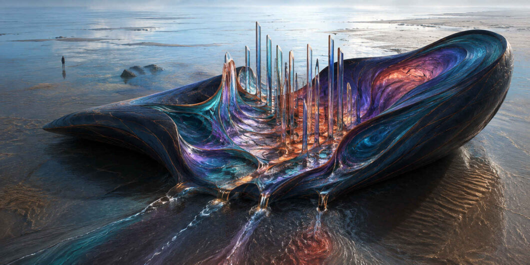 Ein großes schwarzblaues Gebilde liegt wie ein geöffnetes Organ im flachen Wasser einer endlosen Küstenebene. Sein Inneres schimmert violett, türkis und kupferfarben; zahlreiche schmale, glasartige Pfeiler wachsen daraus empor. Durch mehrere Öffnungen rinnt Wasser zurück ins Meer. Eine einzelne ferne Gestalt beobachtet die fremdartige Formation.