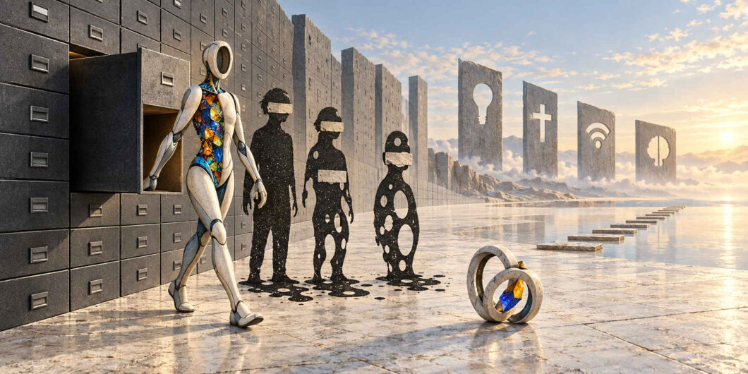 Futuristische Szenerie auf einer hellen weiten Fläche vor einer monumentalen Wand aus unzähligen dunklen Schubladen. Eine weiße humanoide Figur mit farbig leuchtendem Oberkörper tritt aus einer geöffneten Schublade hervor. Daneben stehen drei schwarze Gestalten, deren Körper zunehmend von kreisförmigen Öffnungen durchbrochen sind. In der Ferne schweben große Steinplatten mit ausgeschnittenen Symbolen über einer spiegelnden Landschaft.