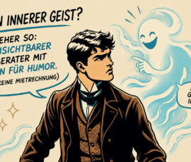 Ein elegant gekleideter Mann betrachtet skeptisch einen freundlich lachenden, hellblauen Geist. Die schwebende Erscheinung zeigt auf ihn und ruft: „He! Gute Idee!“ Links wird erklärt: „Mein innerer Geist? Eher so: Unsichtbarer Berater mit Sinn für Humor.“ In Klammern folgt der Zusatz: „Und keine Mietrechnung.“