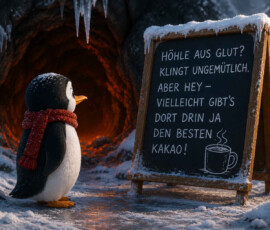 Ein Pinguin mit rotem Schal steht im Schnee vor dem Eingang einer orange glühenden Höhle. Aufmerksam liest er eine große, von Schnee und Eiszapfen bedeckte Tafel. Darauf steht: „Höhle aus Glut? Klingt ungemütlich.“ Der Text fährt fort: „Aber hey – vielleicht gibt’s dort drin ja den besten Kakao!“