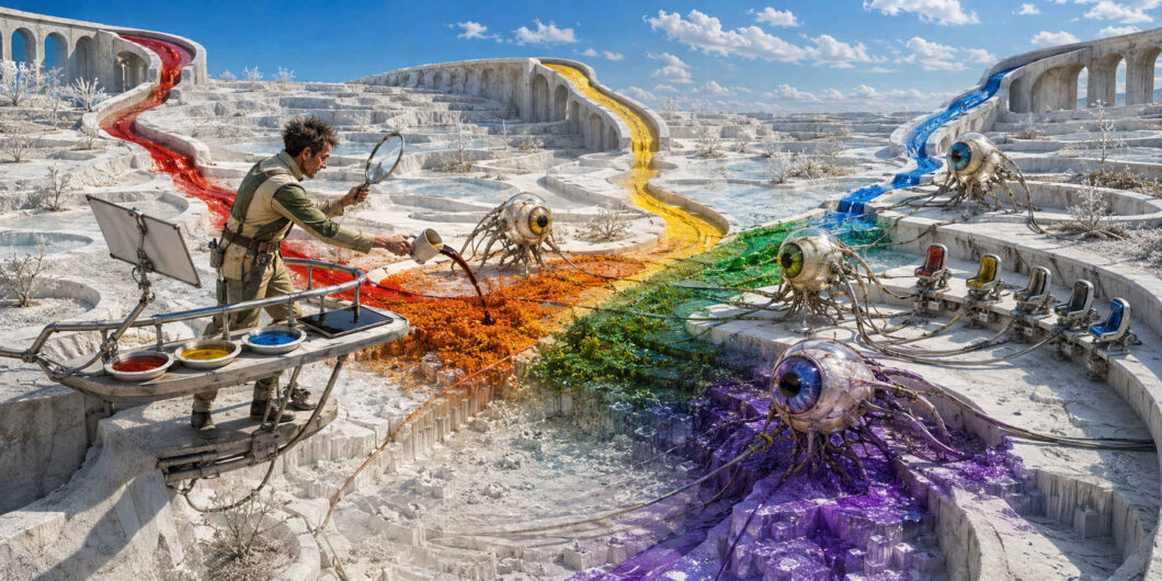 Ein Forscher gießt orangefarbene Flüssigkeit in eine verzweigte Landschaft aus weißen Terrassen. Rote, gelbe, grüne, blaue und violette Ströme fließen aus steinernen Bögen zusammen. Mehrere große mechanische Augen stehen zwischen den Farbfeldern und sind durch Kabel mit einer Reihe kleiner Sitze verbunden.