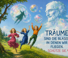 Drei junge Menschen springen fröhlich über eine sonnige Wiese, während zahlreiche bunt schimmernde Blasen am Himmel schweben. In einer großen Blase ist die Silhouette eines fliegenden Menschen zu sehen. Rechts erscheint eine gewaltige, aus Wolken und farbigen Flächen gebildete Gestalt. Der Bildtext lautet: „Träume sind die Blasen, in denen wir fliegen. Schütze sie.“
