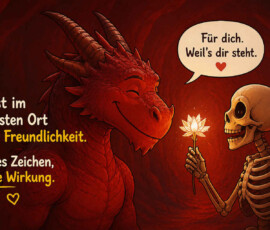 Ein lächelndes Skelett überreicht einem großen roten Drachen eine leuchtende weiße Blume. Der sonst furchterregende Drache schließt gerührt die Augen und lächelt freundlich. Das Skelett sagt: „Für dich. Weil’s dir steht.“ Daneben steht: „Selbst im härtesten Ort blüht Freundlichkeit. Kleines Zeichen, große Wirkung.“