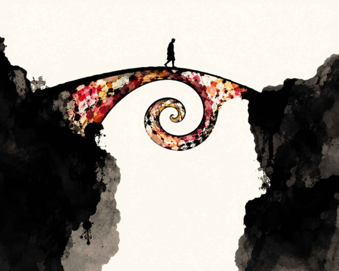 Eine einzelne schwarze Menschensilhouette überquert eine schmale Brücke zwischen zwei dunklen Felswänden. Unter dem Bogen rollt sich ein farbig gesprenkelter Ausläufer zu einer großen Spirale ein, ohne den gegenüberliegenden Rand zu berühren. Der übrige Bildraum bleibt nahezu vollständig weiß. Das Motiv verbindet eine einfache Überquerung mit einem Weg, der in sich selbst zurückführt.