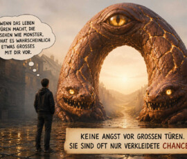 Ein Mann steht in einer alten Straße vor einem gewaltigen Torbogen, der aus zwei zähnefletschenden Monstern und einem großen Auge besteht. Durch die Öffnung fällt warmes Licht auf einen Weg in der Ferne. Der Mann denkt: „Wenn das Leben Türen macht, die aussehen wie Monster, dann hat es wahrscheinlich etwas Großes mit dir vor.“ Darunter steht: „Keine Angst vor großen Türen. Sie sind oft nur verkleidete Chancen.“