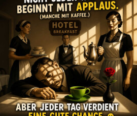 Ein müder Mann ist im Frühstücksraum eines Hotels mit dem Kopf auf dem Tisch eingeschlafen. Vor ihm steht eine auffällig grüne Tasse, während drei Angestellte schweigend auf ihren Einsatz warten. Durch das Fenster fällt streng geometrisches Morgenlicht in den Raum. Der Text lautet: „Nicht jeder Tag beginnt mit Applaus. Manche mit Kaffee. Aber jeder Tag verdient eine gute Chance.“