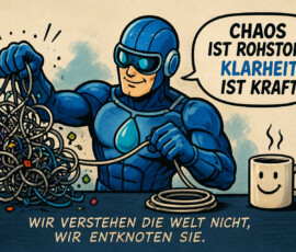 Ein blau gekleideter Superheld entwirrt konzentriert ein großes Knäuel aus Kabeln und Leitungen. Kleine farbige Teile fallen aus dem Durcheinander, während neben ihm eine lächelnde Tasse dampft. In einer Sprechblase steht: „Chaos ist Rohstoff. Klarheit ist Kraft.“ Darunter lautet die Botschaft: „Wir verstehen die Welt nicht, wir entknoten sie.“