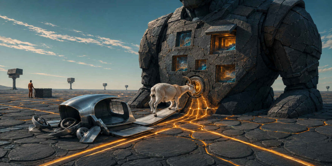 Eine weiße Ziege verlässt eine aufgebrochene metallische Transportkapsel und schreitet über eine Rampe auf ein kreisrundes, golden leuchtendes Schloss zu. Dieses sitzt im massiven Körper eines elefantenartigen Wesens aus schwarzen Steinblöcken. Glühende Linien verzweigen sich über den endlosen Plattenboden, während ein einzelner Mensch aus der Ferne zusieht.