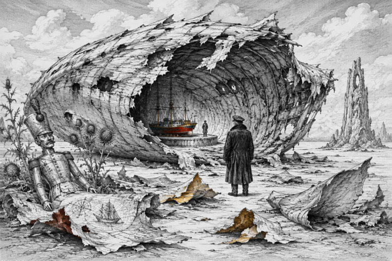 Eine fein gezeichnete Schwarz-Weiß-Landschaft ist mit zerrissenen, papierartigen Schichten übersät. In einer riesigen aufgebrochenen Hülle steht ein kleines farbiges Segelschiff auf einem runden Podest. Ein Mann im Mantel betrachtet es, während links ein beschädigter Spielzeugsoldat neben einer Zeichnung des Schiffes aus den Trümmern ragt.