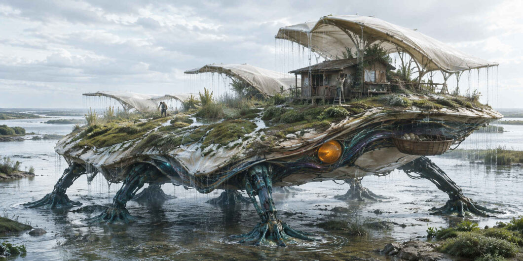 Ein riesiges flaches Wesen bewegt sich auf langen mechanischen Beinen durch eine seichte Wasserlandschaft. Auf seinem begrünten Rücken stehen einfache Holzhäuser, Gärten und große helle Schutzdächer, von denen Regenfäden herabhängen. Mehrere Menschen arbeiten auf der wandernden Insel, deren leuchtendes orangefarbenes Auge bereits in die Ferne blickt.