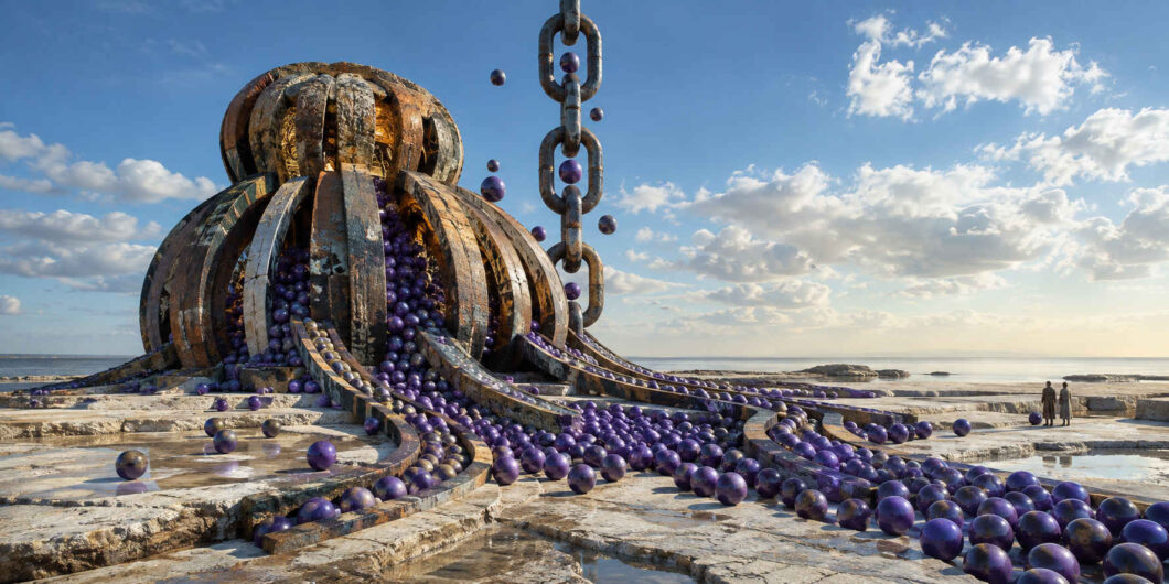 Eine monumentale, aufgebrochene Maschine aus gebogenen Metallrippen entlässt unzählige violette Kugeln auf geschwungene Bahnen. Die Kugeln rollen über eine helle, wasserbedeckte Ebene und schweben zugleich neben einer senkrechten Kette aus riesigen Gliedern empor. Zwei kleine Menschen beobachten das rätselhafte Werk vom Rand der menschenleeren Küste.
