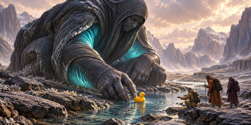 Ein gewaltiges, in dunkle Falten gehülltes Wesen sitzt in einer felsigen Gebirgslandschaft an einem kleinen See. Vor seiner ausgestreckten Hand schwimmt eine leuchtend gelbe Spielzeugente im Wasser. Drei kleine Wanderer beobachten die unerwartete Begegnung aus einiger Entfernung. Türkis leuchtende Partien im Körper des Riesen verstärken den fremdartigen Eindruck.