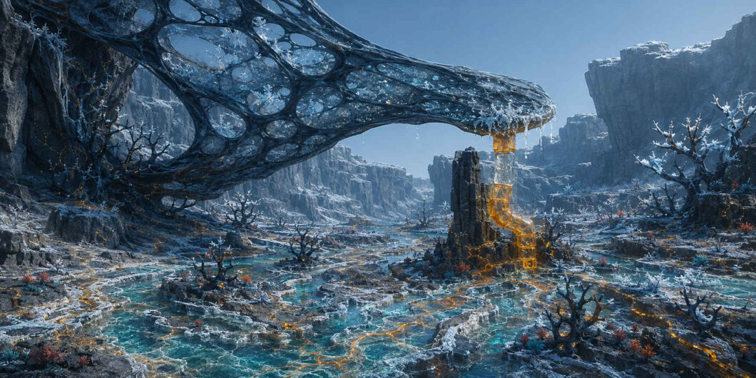 Über einer frostigen Schlucht wächst ein riesiger Kopf aus dunklem, netzartigem Eis hervor. Von seinem geöffneten Maul hängt ein durchsichtiger, bernsteinfarben leuchtender Schlauch zu einer schwarzen Felsstele hinab. Türkisfarbene Wasserläufe, vereiste Bäume und feine goldene Risse durchziehen die weite, fast vollständig erstarrte Landschaft.