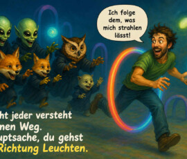 Ein lachender Mann läuft durch einen leuchtenden, regenbogenfarbenen Ring und streckt die Hände nach einem blauen Licht aus. Hinter ihm folgen grüne Außerirdische sowie Gestalten mit Fuchs-, Eulen- und Katzenköpfen durch eine geheimnisvolle Landschaft. Der Mann sagt: „Ich folge dem, was mich strahlen lässt!“ Darunter steht: „Nicht jeder versteht deinen Weg. Hauptsache, du gehst in Richtung Leuchten.“