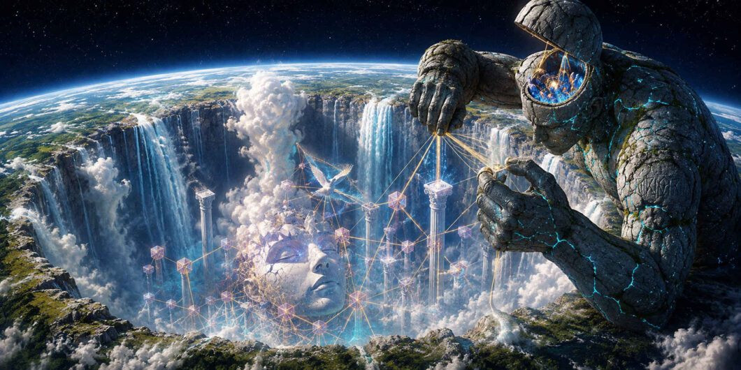 Am Rand eines planetengroßen, von Wasserfällen umgebenen Abgrunds arbeitet eine riesige steinerne Gestalt mit feinen goldenen Fäden. Zwischen ihren Händen entsteht über der Tiefe ein Netz aus leuchtenden Würfeln, Säulen und filigranen Verbindungen. Darunter wächst ein gewaltiges weißes Gesicht aus Wolken, Felsen und einer unfertigen kristallinen Architektur hervor.