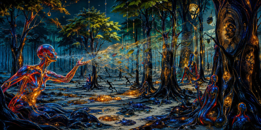 Eine durchscheinende rot-blaue Gestalt sitzt in einem dunklen Wald und haucht ein goldenes, netzartiges Band zwischen die Bäume. In den schwarzen Stämmen treten zahlreiche menschliche Gesichter hervor. Weitere glänzende Wesen sitzen, knien oder laufen auf dem Waldboden, zwischen bernsteinfarbenen Tropfen und kleinen leuchtenden Wölbungen.