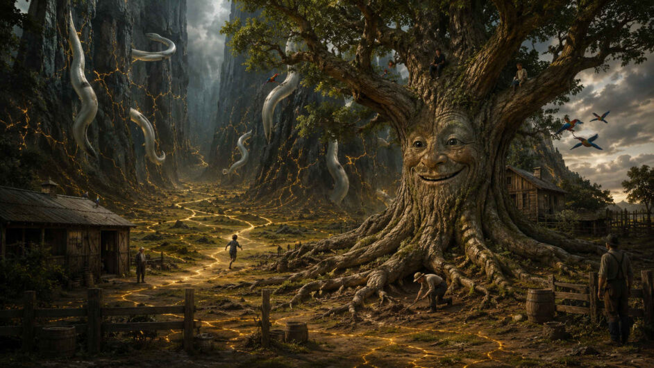 Ein mächtiger alter Baum mit einem freundlich lächelnden Gesicht steht zwischen einfachen Holzhäusern am Rand eines tiefen Tales. Menschen sitzen in seinen Ästen oder arbeiten zwischen den breiten Wurzeln. Goldene Linien durchziehen Boden und Felswände, während große helle, wurmartige Wesen aus den dunklen Steilhängen hervorkommen.