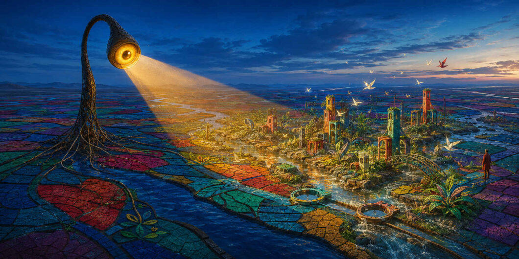Eine hohe, gebogene Konstruktion mit einem leuchtenden Auge richtet einen breiten goldenen Lichtkegel auf eine kleine, farbenfrohe Stadt. Nur innerhalb dieses Blicks wachsen Türme, Pflanzen und Brücken aus der mosaikartigen Ebene. Weiße Vögel steigen darüber auf, während eine einzelne rote Gestalt am Rand der beleuchteten Welt steht.