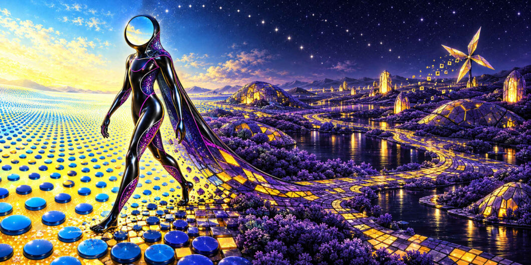 Eine elegante schwarze humanoide Gestalt mit ringförmigem Kopf schreitet durch eine Landschaft, die unmittelbar hinter ihr vom hellen Tag in eine leuchtende Nacht übergeht. Der gelbe Boden ist mit zahllosen blauen Scheiben bedeckt und verwandelt sich in ein violettes Mosaik aus Wegen, Seen und gläsernen Kuppeln. Der lange gemusterte Mantel der Figur scheint Teil dieses Übergangs zu werden. Über der nächtlichen Hälfte funkelt ein dichter Sternenhimmel.