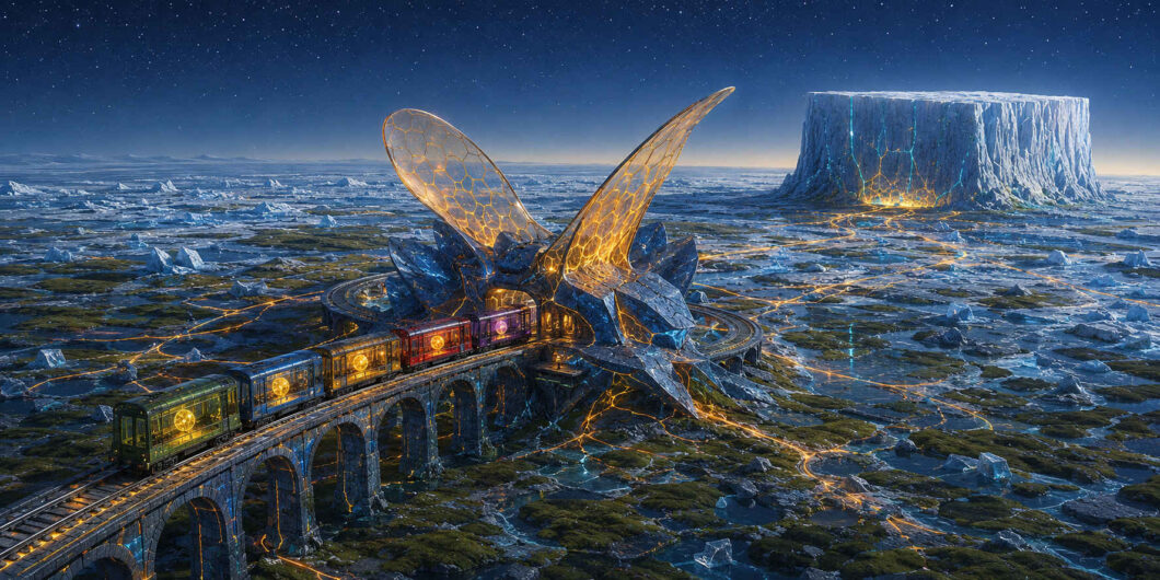 Ein Zug aus verschiedenfarbigen, warm erleuchteten Waggons fährt über ein steinernes Viadukt durch eine eisige Ebene. Die Gleise führen durch ein riesiges blaues Gebilde mit goldenen, libellenartigen Flügeln. Leuchtende Adern ziehen sich weiter zu einem gewaltigen Eisplateau, als werde in den Waggons Wärme durch eine erstarrte Welt transportiert.