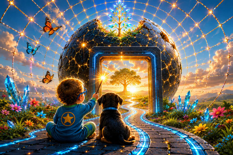 Ein Kind und ein schwarzer Hund sitzen vor einem leuchtenden Tor in einer aufgebrochenen dunklen Kugel. Dahinter führt ein blau gesäumter Weg zu einem großen Baum im goldenen Abendlicht. Kristalle, Blumen und Schmetterlinge umgeben den Eingang. Über der Szene spannt sich ein gewaltiges Netz aus glühenden Linien und Lichtpunkten.
