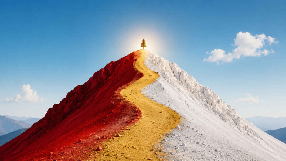 Ein schmaler gelber Weg windet sich über einen steilen Berggrat bis zu einem einzelnen Baum auf dem Gipfel. Die linke Hälfte des Berges ist tiefrot, die rechte beinahe vollständig weiß. Über dem Baum bildet das Sonnenlicht einen hellen Schein. Der klare blaue Himmel und wenige Wolken verstärken die strenge, symbolhafte Einfachheit der Komposition.