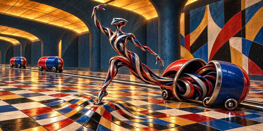 Eine filigrane humanoide Figur tanzt in einer futuristischen Halle über einen wellenförmig aufgewölbten Mosaikboden. Ihr Körper besteht aus geschwungenen roten, blauen und metallischen Bändern, die ihre Bewegung fortzusetzen scheinen. Mehrere rundliche Fahrzeuge oder Maschinen stehen entlang eingelassener Spuren im Raum. Geometrische Wandflächen und warm leuchtende Deckenbögen verleihen der Szene eine eigenwillige theatralische Atmosphäre.