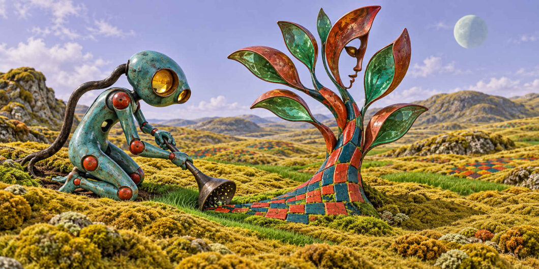 Ein türkisfarbener Roboter kniet in einer moosbewachsenen Landschaft und richtet ein trichterförmiges Gerät auf eine ungewöhnliche baumartige Skulptur. Deren Stamm besteht aus roten, blauen und grünen geometrischen Flächen, zwischen den Blättern erscheint das Profil eines Gesichts. Im Hintergrund liegen sanfte Hügel unter hellem Himmel und einem blassen Mond.