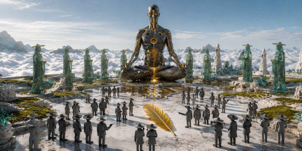 Eine monumentale schwarze Gestalt mit goldenen Adern sitzt meditierend über einer hellen Ebene in den Wolken. Davor haben sich zahlreiche kleine graue Menschen mit breitkrempigen Hüten versammelt. Ein Ring aus hohen grünen Figuren umgibt den Platz. Im Vordergrund liegt eine einzelne große goldene Feder wie eine unbeantwortete Botschaft auf dem Boden.
