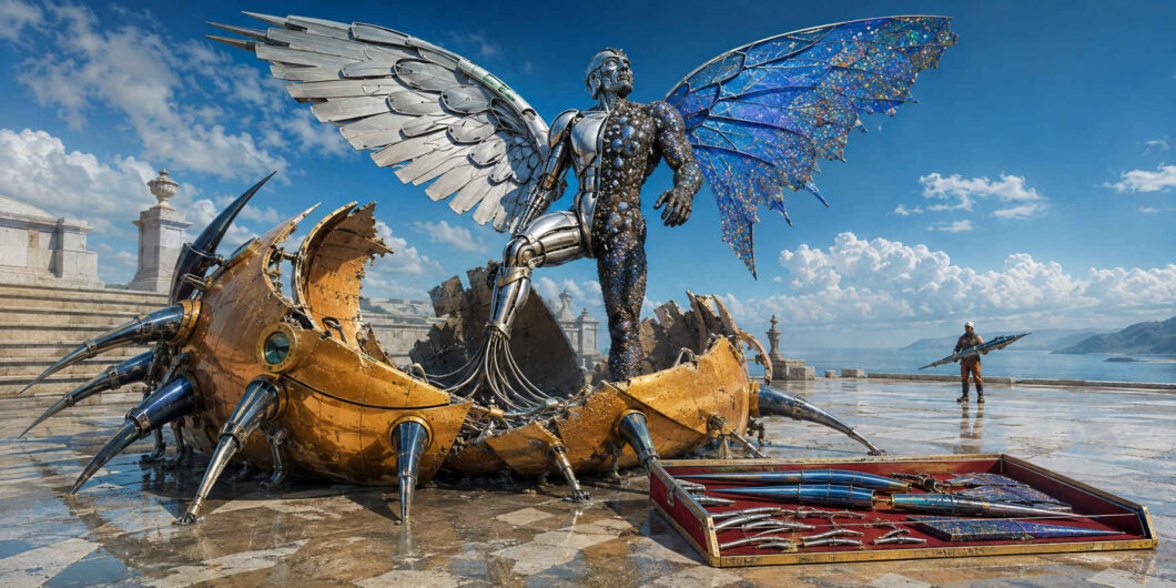 Auf einer hellen Terrasse am Meer erhebt sich eine geflügelte Metallgestalt aus der aufgebrochenen goldenen Hülle eines insektenartigen Fahrzeugs. Eine Körperhälfte trägt silberne Panzerplatten und einen weißen mechanischen Flügel, die andere besteht aus dunklen Kristallen und einem durchscheinenden blauen Flügel. Ein Arbeiter mit langem Werkzeug beobachtet die Verwandlung.