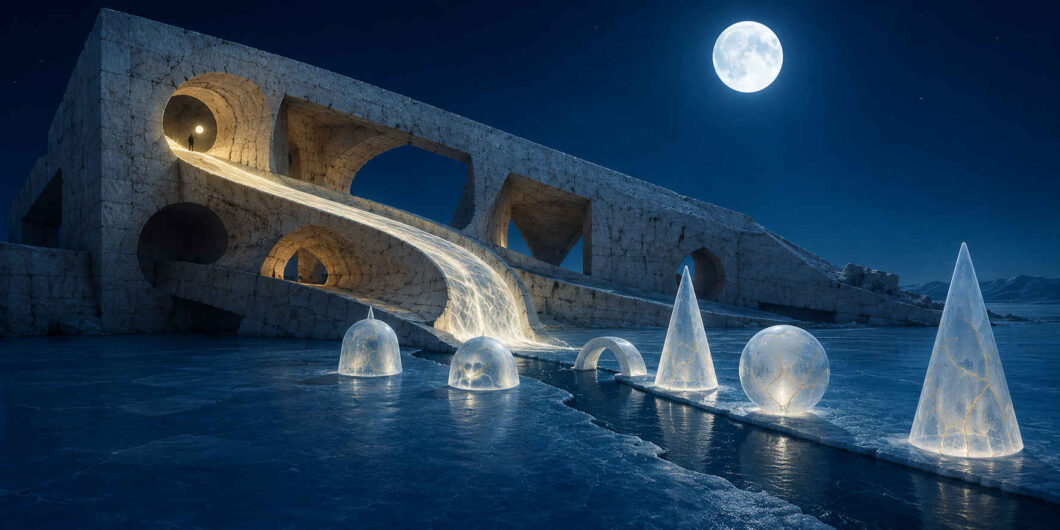 Unter einem hellen Vollmond steht ein massiver Steinbau mit unterschiedlich geformten Öffnungen auf einer gefrorenen Ebene. Aus einem runden Tunnel strömt ein breites Band aus weißem Licht wie flüssiges Wasser hinab. Davor sind leuchtende Halbkugeln, Bögen, Kegel und eine Kugel entlang einer schmalen Rinne angeordnet.