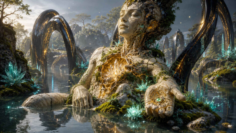 Eine monumentale steinerne Frauengestalt sitzt mit geschlossenen Augen in einer stillen Wasserlandschaft. Ihr geöffneter Oberkörper enthält leuchtende Kristalle, goldene Adern und üppiges Moos. In ihrer ausgestreckten Hand liegt ein einzelner grüner Stein. Dunkle geschwungene Bögen, türkisfarbene Kristallpflanzen und kleinere Brücken umgeben die friedliche Erscheinung.