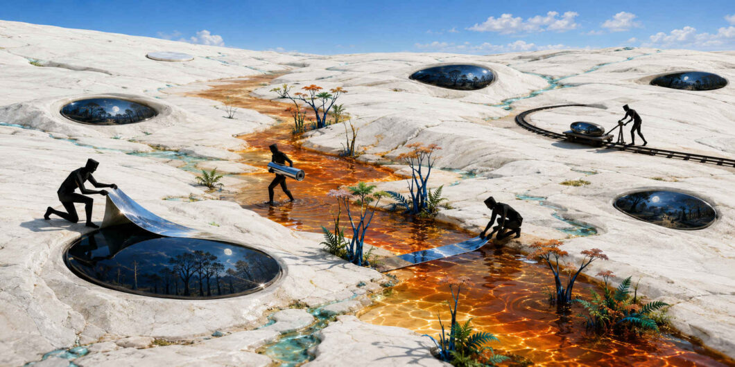 Schwarze Gestalten arbeiten auf einer weißen, hügeligen Ebene mit leuchtend orangefarbenen Wasserläufen und vereinzelten Pflanzen. Sie ziehen glänzende dunkle Bahnen aus runden Vertiefungen, in denen nächtliche Wälder und ein Mond sichtbar sind. Ein weiterer Schatten schiebt auf gebogenen Schienen eine solche Nachtfläche heran, als würden beschädigte Stellen des hellen Tages damit ausgebessert.