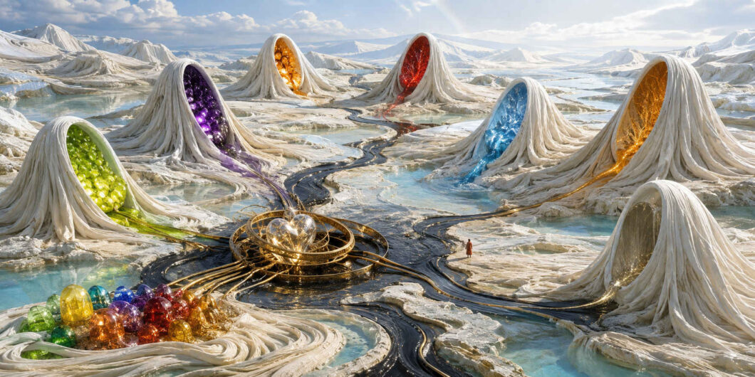 In einer hellen Landschaft öffnen sich mehrere weiße, gefaltete Hügel und geben farbige Kerne aus grünen, violetten, goldenen, roten und blauen Kristallen frei. Dunkle Bahnen führen von ihnen zu einer kreisförmigen goldenen Verteileranlage mit transparenten Kugeln. Eine kleine Gestalt in roter Kleidung steht zwischen Wasserbecken und beobachtet den Strom der Farben.