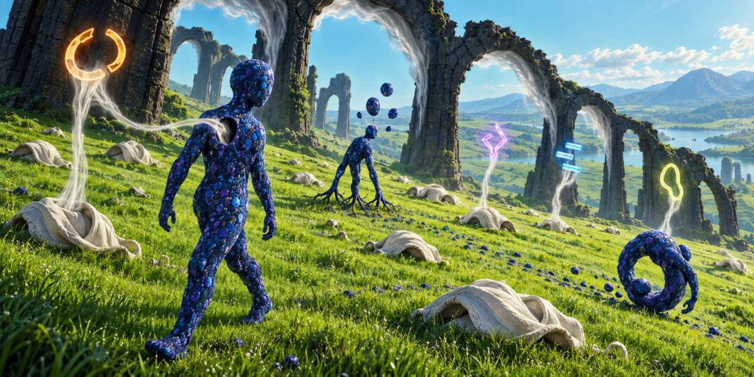 Surreale grüne Hügellandschaft mit einer langen Reihe zerfallender steinerner Bögen, zwischen denen blau-violette humanoide Wesen wandern und sich verwandeln. Einige Körper lösen sich in Kugeln auf, andere wachsen wurzelartig in den Boden oder rollen sich zu einer ringförmigen Gestalt zusammen. Aus weißen steinartigen Hüllen steigen rauchähnliche Säulen empor, über denen leuchtende abstrakte Zeichen schweben. Im Hintergrund erstrecken sich See, Berge und weitere monumentale Bögen unter einem klaren Himmel.