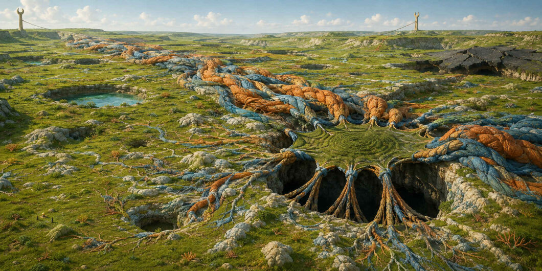 Drei große dunkle Öffnungen liegen nebeneinander in einer grünen, zerklüfteten Ebene. Aus ihnen treten dicke orangefarbene und blaugraue Stränge hervor, verflechten sich miteinander und ziehen sich bis zum Horizont. Feinere Verzweigungen breiten sich wie Adern über den Boden aus. Zwei entfernte Türme markieren die Endpunkte der geheimnisvollen Verbindung.
