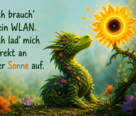 Ein sanftes grünes Wesen aus Blättern und kleinen Blüten sitzt mit geschlossenen Augen vor einer leuchtenden Sonnenblume. Die Blume scheint wie eine kleine Sonne und strahlt warm auf das friedliche Geschöpf herab. Die gesamte Szene wirkt wie ein natürlicher Ladevorgang in einem märchenhaften Garten. Der Bildtext lautet: „Ich brauch’ kein WLAN. Ich lad’ mich direkt an der Sonne auf.“
