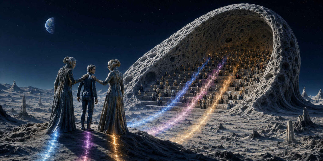 Drei dunkel gekleidete Gestalten stehen auf einer kahlen außerirdischen Ebene vor einem amphitheaterartigen Hohlraum im Fels. Blaue, violette und goldene Lichtlinien führen von ihnen zu den dicht besetzten steinernen Rängen. Die mittlere Person wird von den beiden anderen an den Schultern gehalten; über der Landschaft schwebt die ferne Erde.