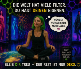 Eine Frau mit leuchtend grünen Haaren meditiert in einem farbigen Raum voller Bildschirme, die verschiedene Menschen zeigen. Vor ihr liegt eine Weltkarte, daneben steht eine Tasse mit der Aufschrift: „Echt sieht auch ohne Filter gut aus.“ Ihre Gedankenblase fordert: „Weniger vergleichen. Mehr leben.“ Darüber steht: „Die Welt hat viele Filter. Du hast deinen eigenen.“ Das Fazit lautet: „Bleib dir treu – der Rest ist nur Deko.“