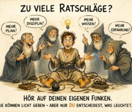 Ein junger Mann sitzt lächelnd auf dem Boden, obwohl zahlreiche Kabel um seinen Körper geschlungen sind. Vier ältere Ratgeber umringen ihn und verlangen „Mehr Plan!“, „Mehr Disziplin!“, „Mehr Wissen!“ und „Mehr Erfahrung!“. Über dem Kopf des Mannes leuchtet eine kleine Glühbirne. Die Botschaft lautet: „Hör auf deinen eigenen Funken. Sie können Licht geben – aber nur du entscheidest, was leuchtet.“