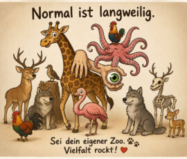 Eine heitere Sammlung aus Giraffe, Hirschen, Wölfen, Flamingo, Hähnen und weiteren Tieren steht dicht beieinander. Dazwischen schweben eine große Hand mit einem Auge sowie ein lächelnder Oktopus, auf dem ein Hahn sitzt. Auch das Skelett eines Hirsches gehört selbstverständlich zur ungewöhnlichen Gemeinschaft. Die Bildtexte lauten: „Normal ist langweilig.“ und „Sei dein eigener Zoo. Vielfalt rockt!“