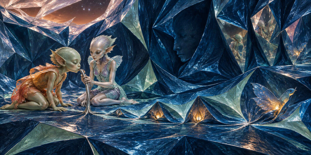 Zwei fremdartige, feenähnliche Wesen sitzen in einer Höhle aus kantigen blauen und transparenten Kristallflächen. Eines von ihnen bläst vorsichtig in ein schmales, röhrenförmiges Gebilde, während das andere aufmerksam zusieht. Zwischen den kristallinen Faltungen leuchten kleine warme Lichtquellen, und rechts sitzt ein durchscheinender vogelähnlicher Organismus. In den dunklen Flächen zeichnen sich weitere Gesichter und Gestalten wie verborgene Bewohner der Umgebung ab.