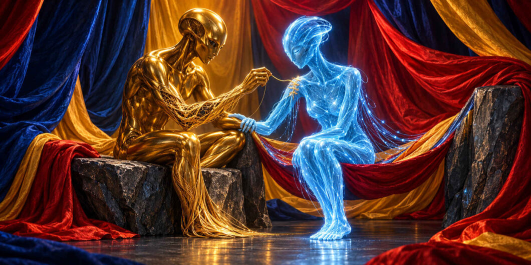 Zwei menschenähnliche Wesen sitzen sich inmitten schwerer roter, blauer und goldener Stoffbahnen gegenüber. Die linke Figur besteht aus glänzendem Gold und zieht feine goldene Fäden durch den Oberkörper der transparent blau leuchtenden Figur. Beide Körper lösen sich teilweise in fadenartige Strukturen auf. Die Szene wirkt wie eine vorsichtige Reparatur oder gegenseitige Ergänzung.