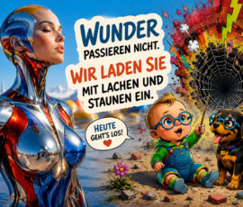 Eine glänzende menschenähnliche Maschine steht neben einem Kleinkind und einem Hund, die beide große blaue Brillen tragen. Das Kind hält einen Stock in ein schwarzes Spinnennetz, das in einer bunt aufgesprengten Backsteinwand hängt. Seine Sprechblase verkündet: „Heute geht’s los!“ Darüber steht: „Wunder passieren nicht. Wir laden sie mit Lachen und Staunen ein.“
