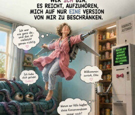 Eine ältere Frau namens Elke schwebt im Morgenmantel mit mechanischen Flügeln und einem bionischen Arm durch ihr Wohnzimmer. Auf dem Sofa sitzt ein riesiger trauriger Oktopus, während ein „Vorratsautomat“ meldet: „Rekord 223 aktiviert. Bionische Replikation vollständig.“ Sprechblasen verkünden: „Ich war nie ganz da … und das ist vielleicht genau richtig“, „Ich habe dich geliebt. (Leider.)“ und „Willkommen zurück, Elke.“ Eine weitere Stimme fragt: „Warum zur Hölle hüpfen diese Konservendosen immer noch?“, während darüber steht: „Ich muss nicht herausfinden, wer ich bin. Es reicht, aufzuhören, mich auf nur eine Version von mir zu beschränken.“