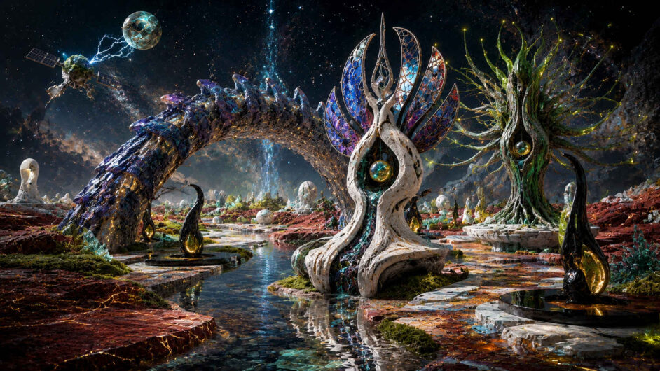 In einer farbigen Gartenlandschaft unter einem dichten Sternenhimmel stehen organische Monumente mit gläsernen Flügeln und eingeschlossenen Kugeln. Ein großer kristalliner Bogen überspannt einen Wasserlauf, während ein grün leuchtender Baum seine Äste wie Antennen ausbreitet. Links schwebt ein bewachsener Satellit unter einer elektrischen Kugel. Schwarze tropfenartige Figuren säumen die Wege.